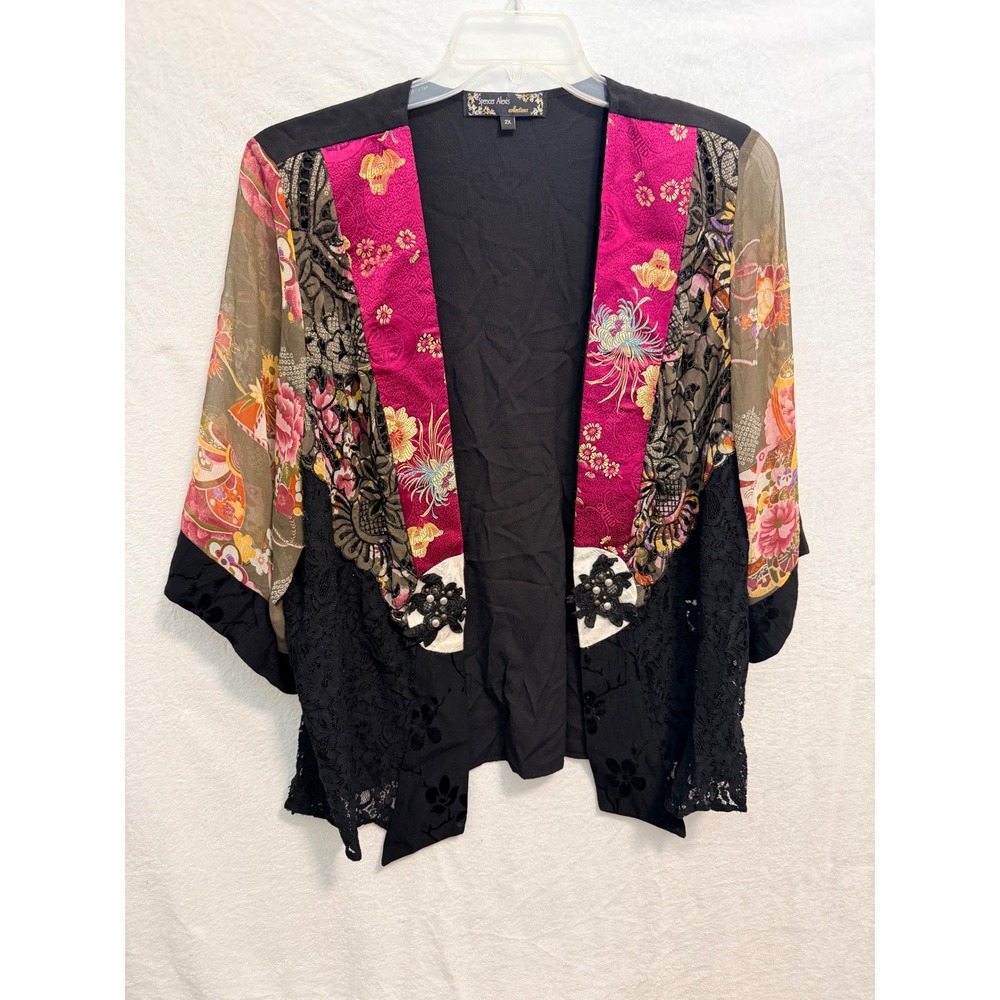 Spencer Alexis Mixed Media Floral Lace Kimono Jacket Black Pink 2X J55GUW